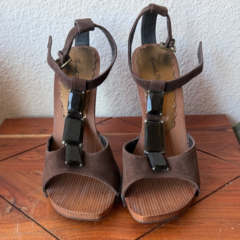 Beverly Feldman Brown Suede T-Strap Platform Heels with Black Gem Accents